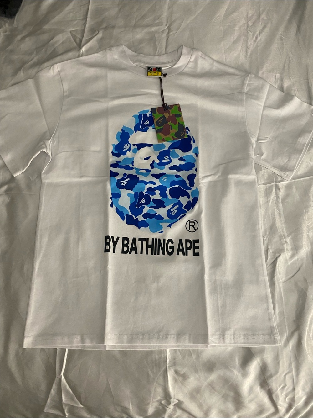 Bape White Tee with Blue Camo Ape Head Graphic